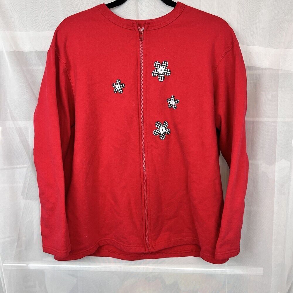 Vintage Fruit of the Loom zip up cardigan sweater checkerboard flower sz Lg